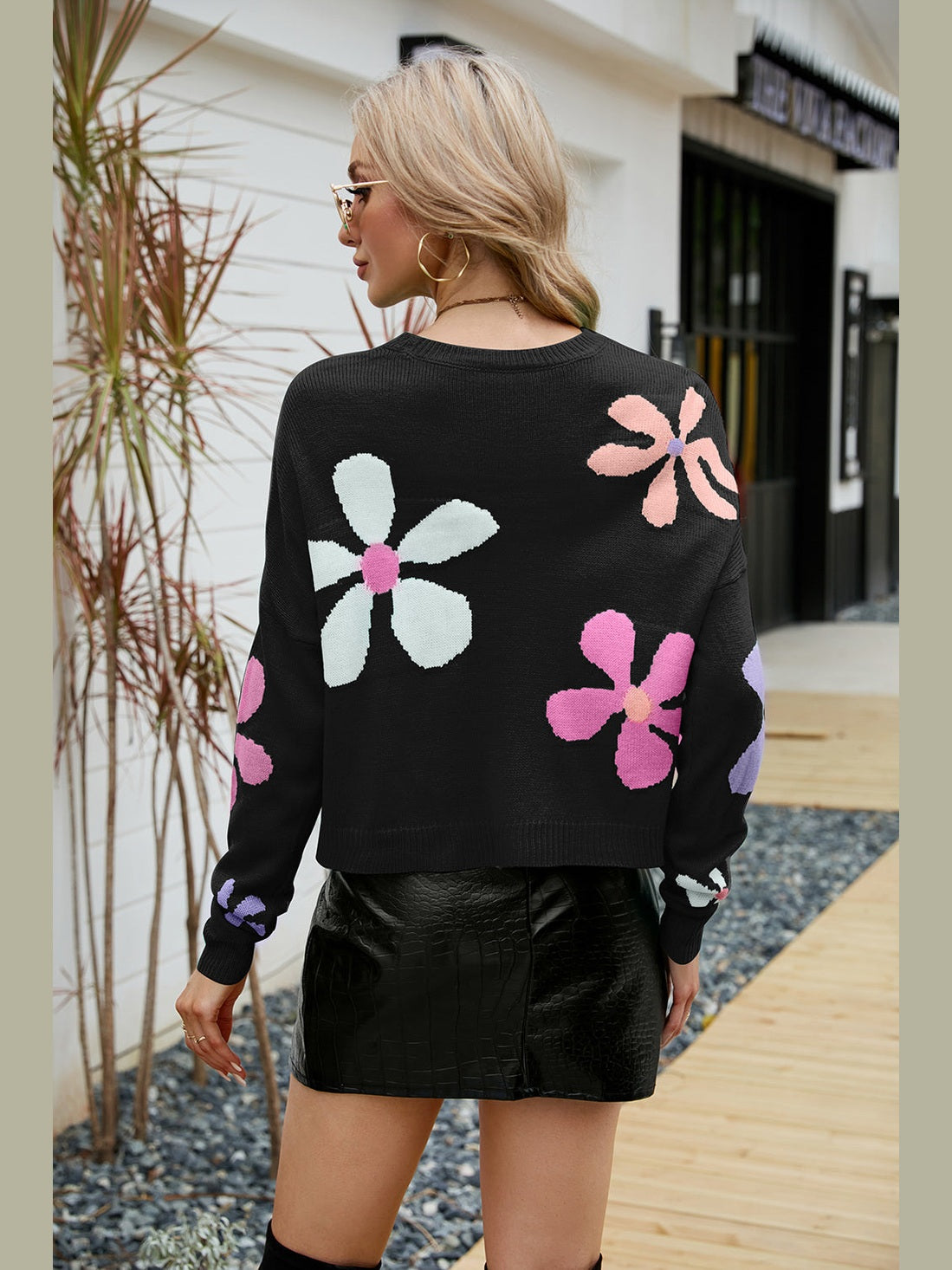 Flower Round Neck Drop Shoulder Sweater NicholesGifts