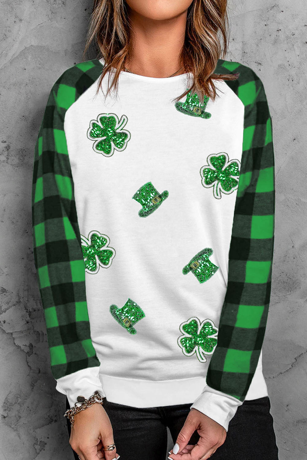 Women Lucky Clover Sequin Round Neck Sweatshirt NicholesGifts