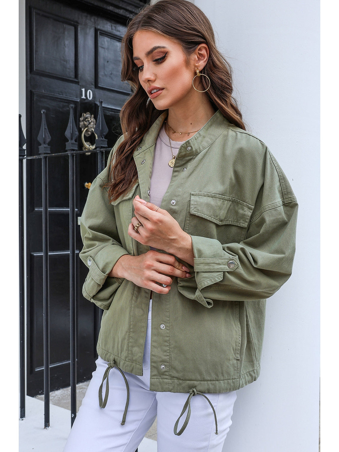 Drawstring Snap Down Dropped Shoulder Denim Jacket NicholesGifts