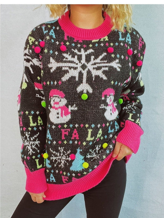 Snowman Contrast Trim Round Neck Sweater