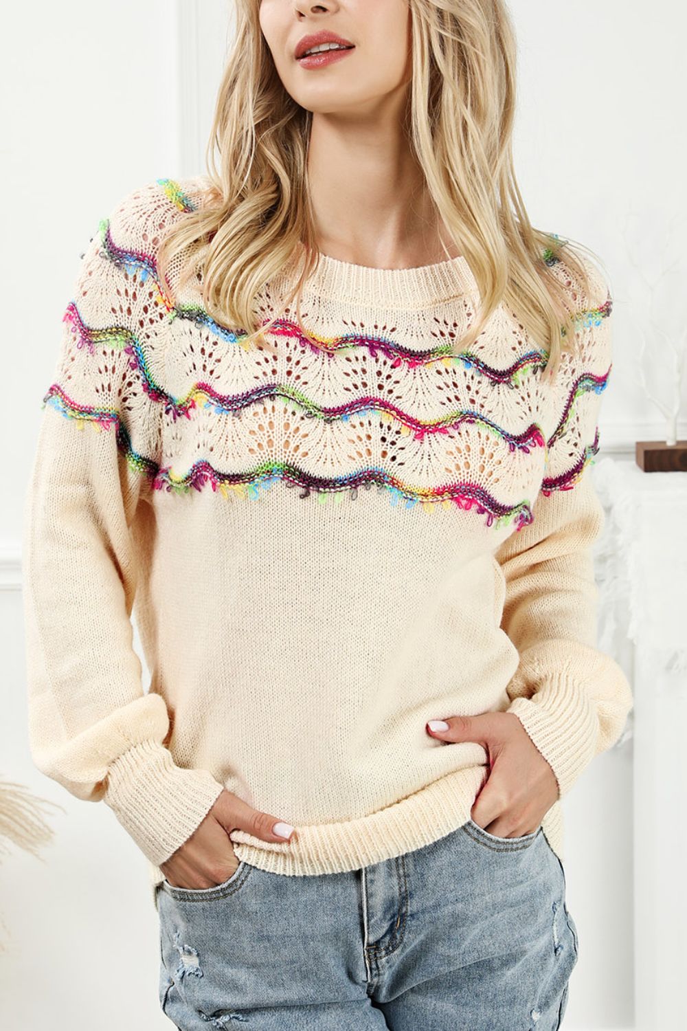 Women Openwork Wavy Striped Round Neck Sweater NicholesGifts