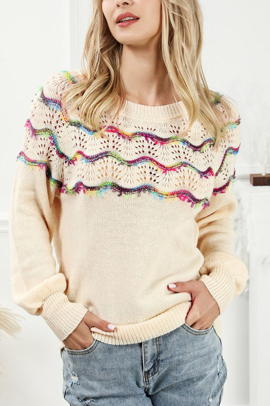 Women Openwork Wavy Striped Round Neck Sweater