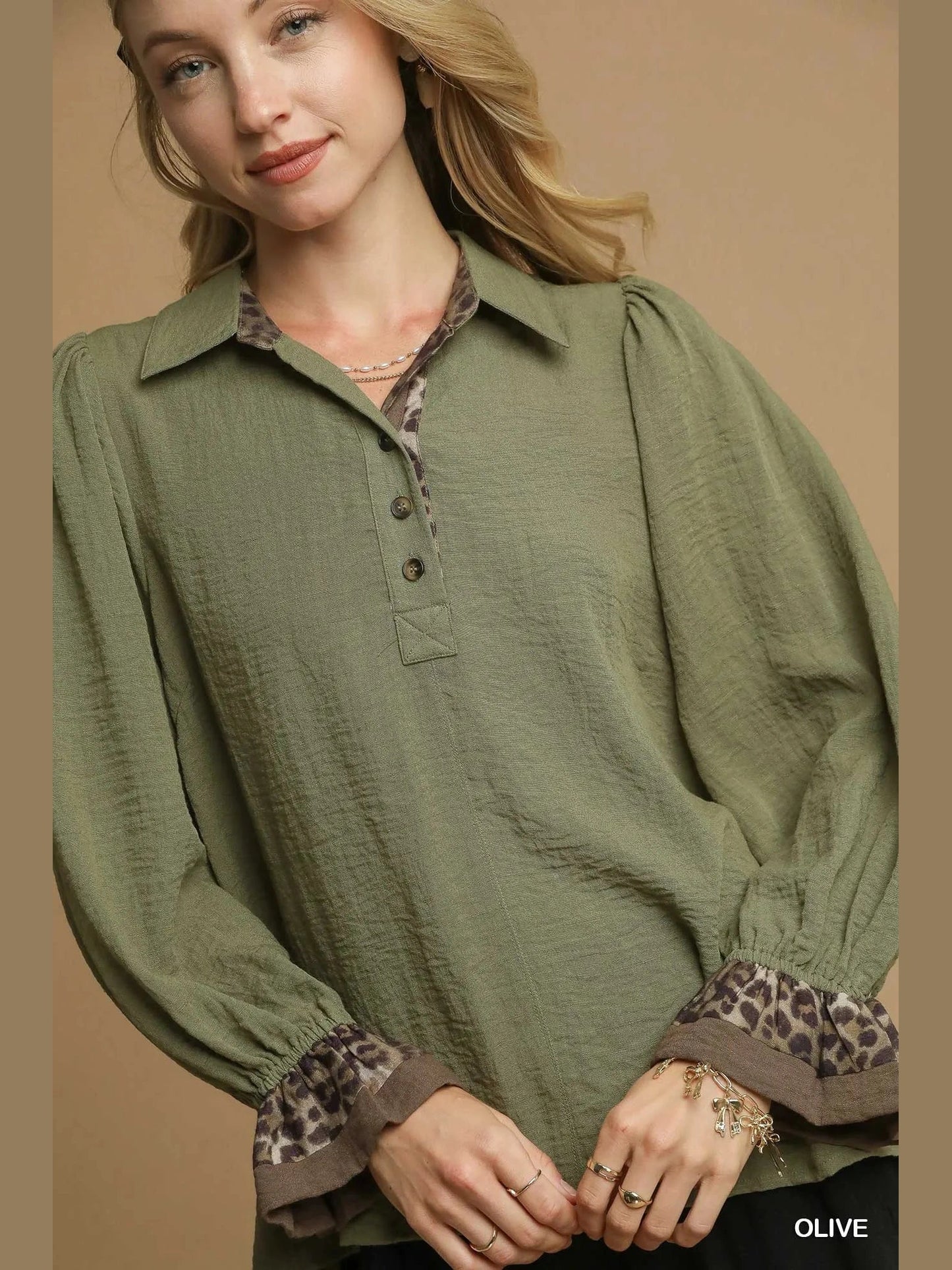 Umgee Half Button Blouse with Leopard Print Trim NicholesGifts