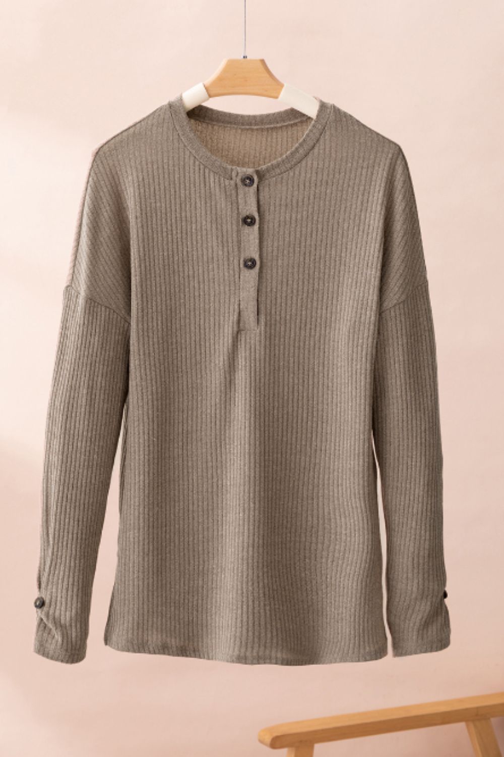 NicholesGifts Women Quarter Button Round Neck Dropped Shoulder Knit Top NicholesGifts