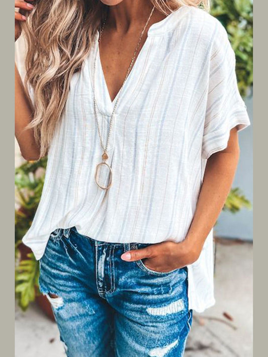 Women Striped Notched Short Sleeve T-Shirt NicholesGifts