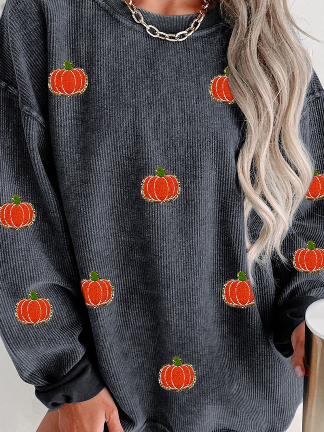 Pumpkin Round Neck Long Sleeve Sweatshirt NicholesGifts