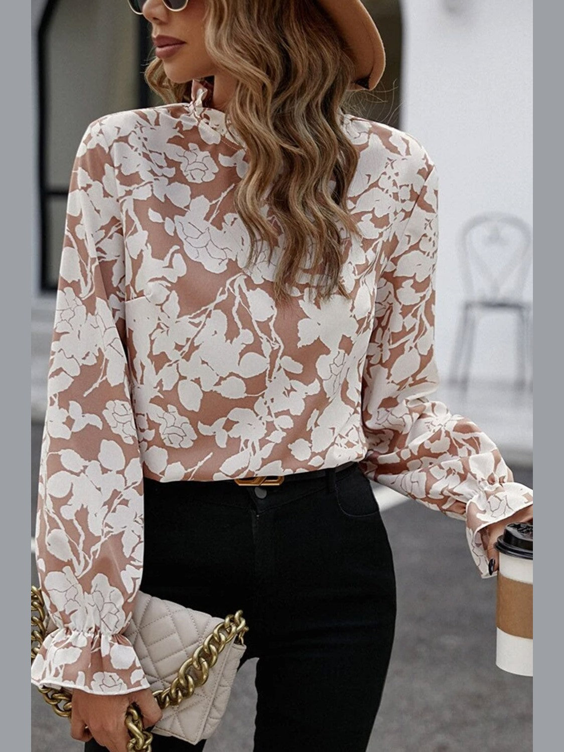 Floral Print Mock Neck Flounce Sleeve Blouse