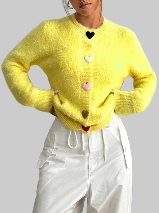 Women Heart Button Fuzzy Cardigan nicholesgifts