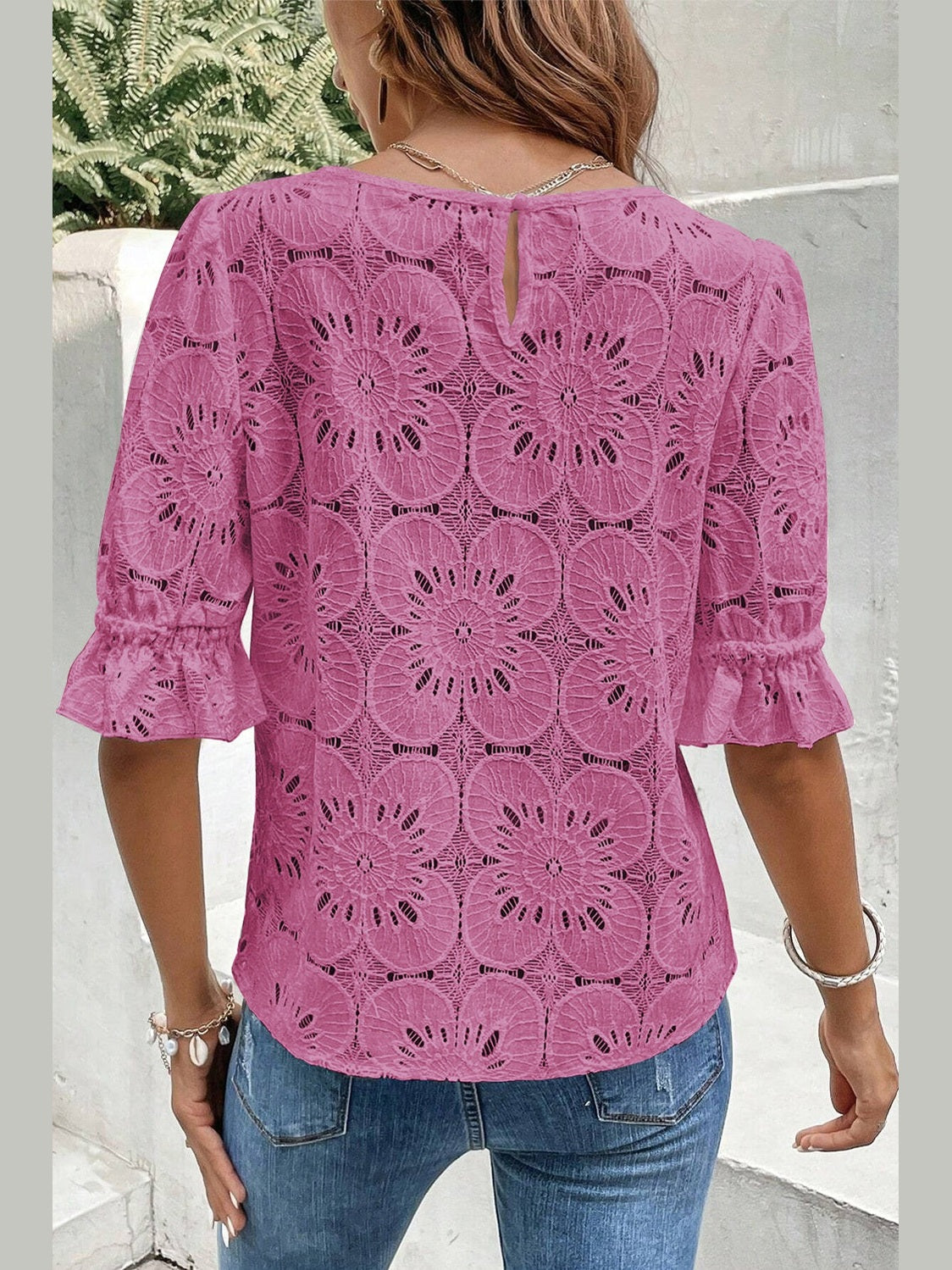 Round Neck Flounce Sleeve Blouse