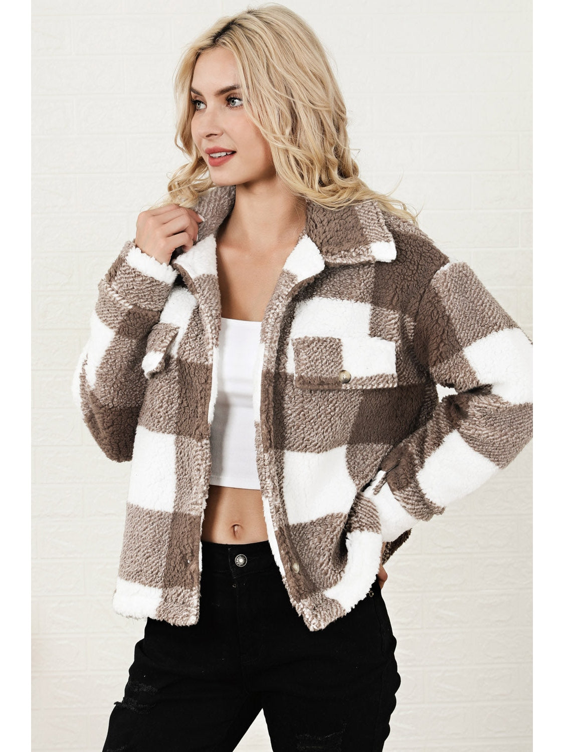 Plaid Collared Neck Drop Shoulder Jacket NicholesGifts
