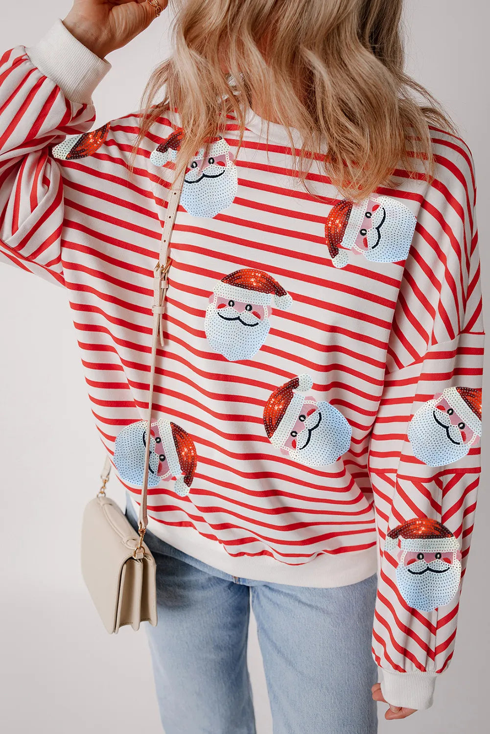 NicholesGifts Women Sequin Santa Striped Round Neck Long Sleeve Sweatshirt NicholesGifts