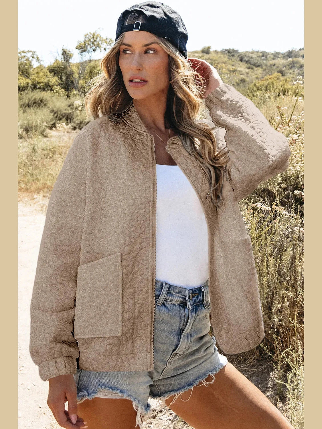 Baseball Collar Floral Quilted Jacket
