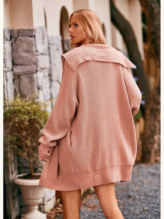 Women Collared Neck Button-Up Cardigan with Pockets NicholesGifts