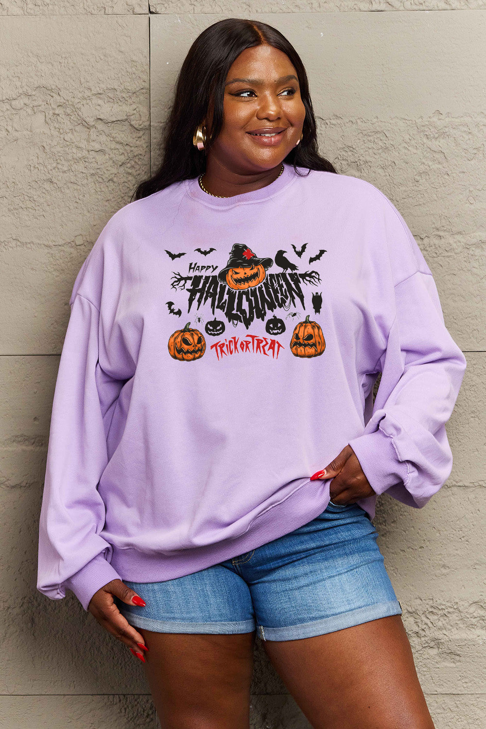 Women Simply Love Full Size Happy Halloween Trick or Treat Graphic Sweatshirt NicholesGifts