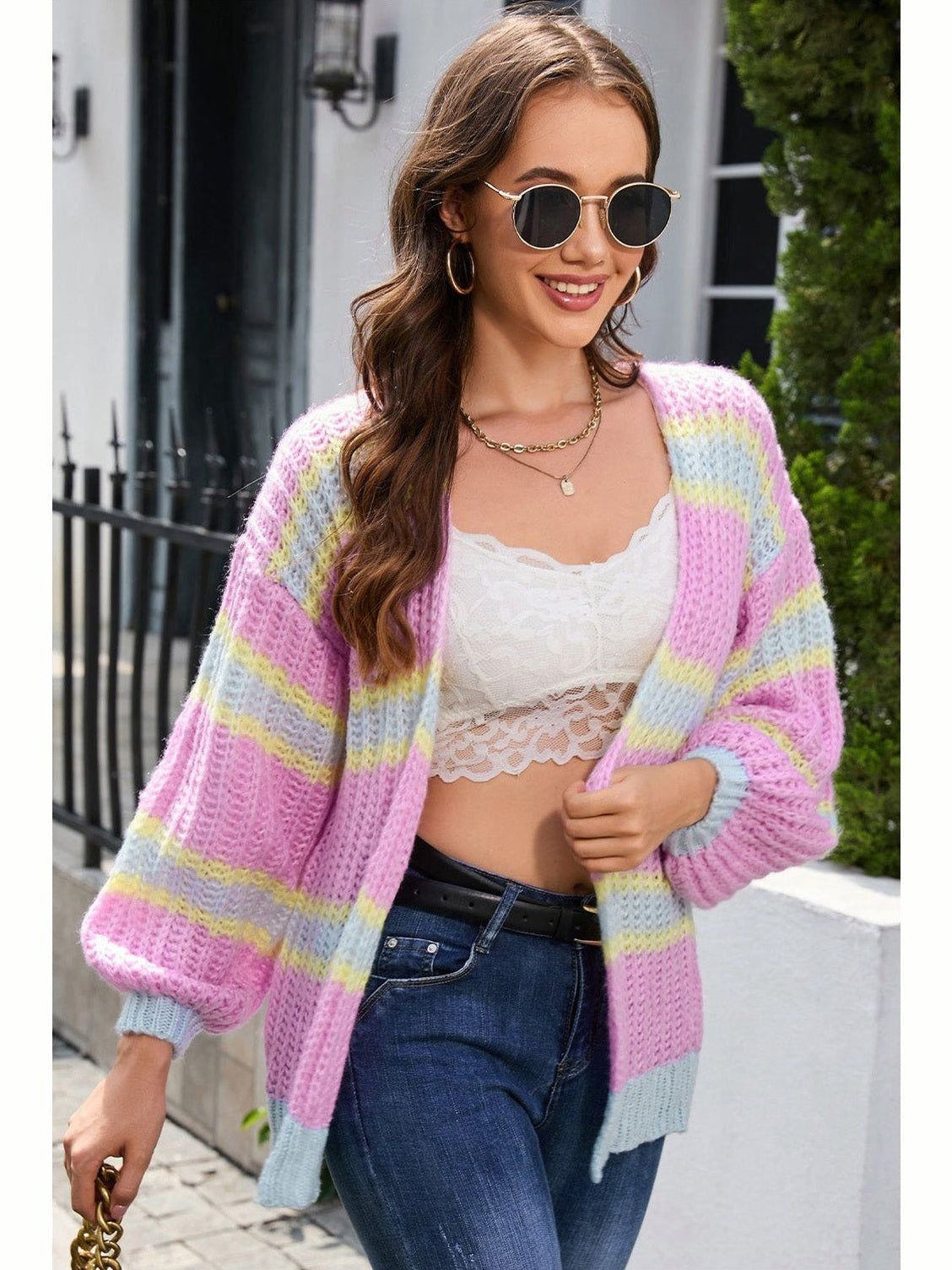 Women Striped Lantern Sleeve Dropped Shoulder Cardigan