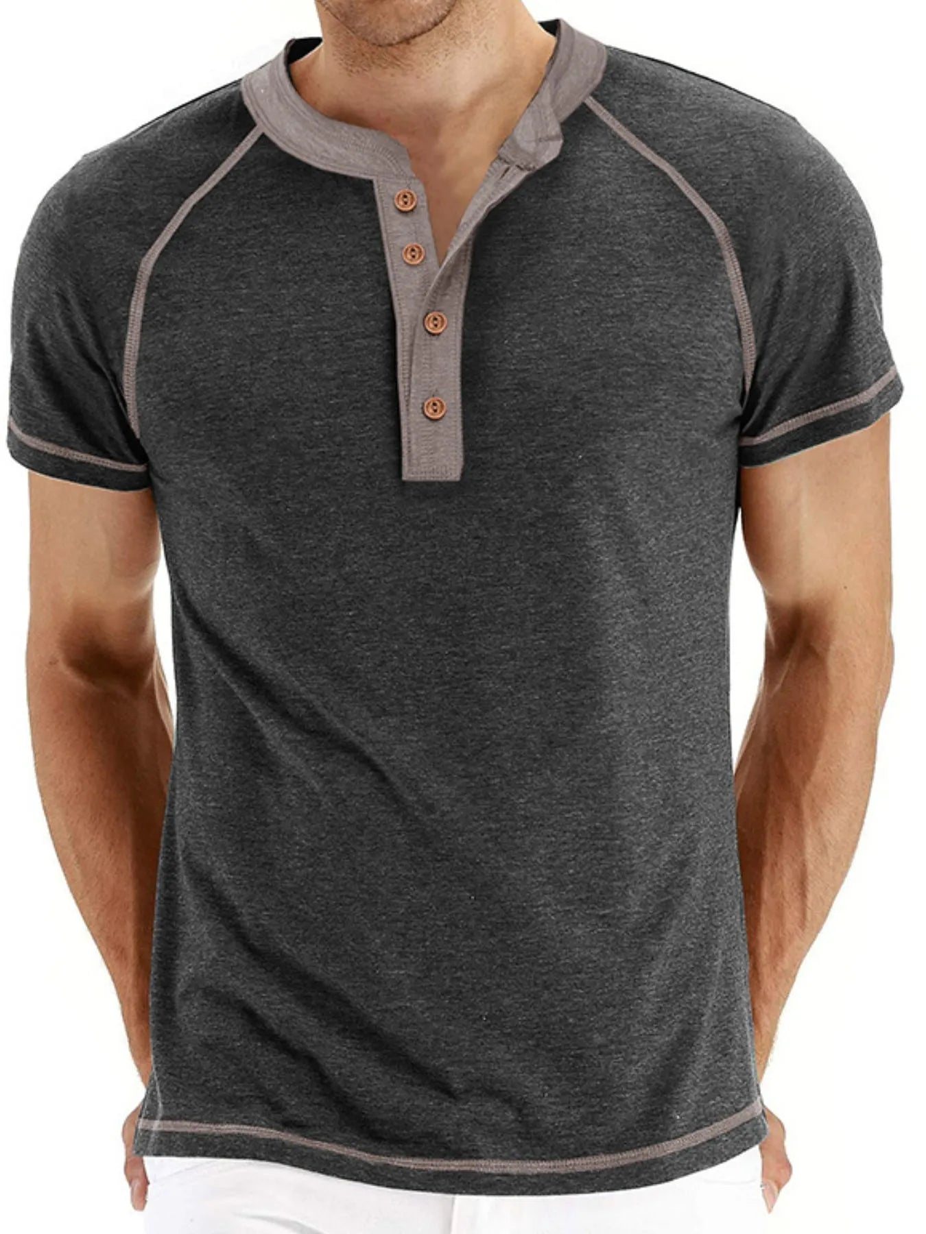Men's Casual Henley Polo T-Shirt with Contrast Stitching