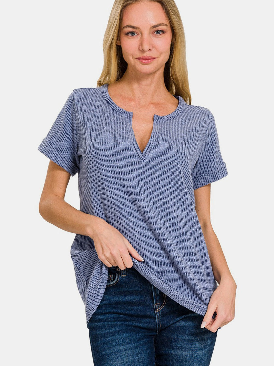Women Zenana Notched Short Sleeve Waffle T-Shirt NicholesGifts