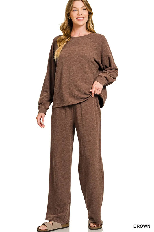 Zenana Slub Long Sleeve Top and Pants Lounge Set Trendsi