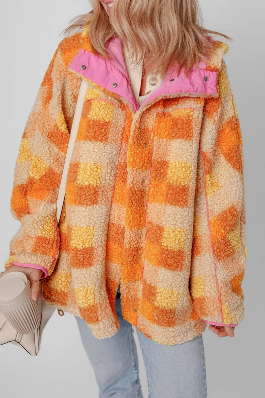 Checkered Long Sleeve Sherpa Hooded Jacket Trendsi