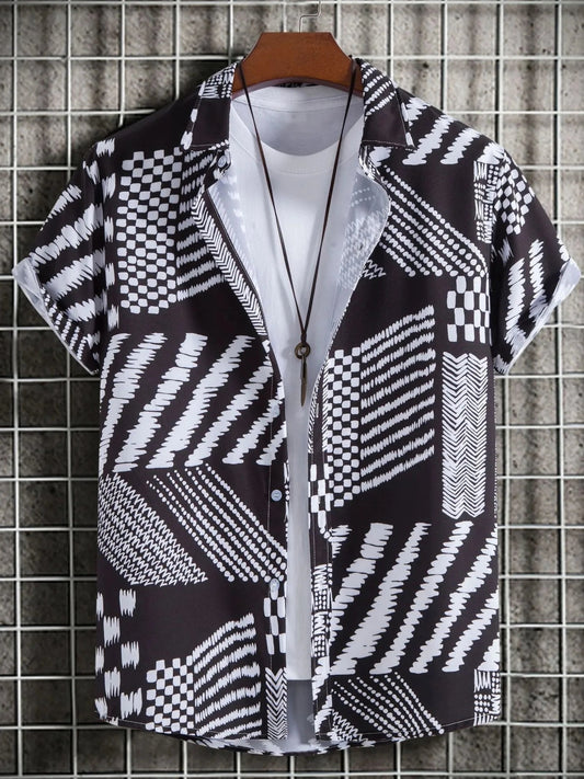 Men's Plus Size Geometric Pattern Short Sleeve Button-Up Shirt NicholesGifts