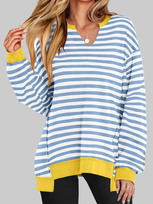 Women Notched Long Sleeve Oversized Sweatshirt nicholesgifts