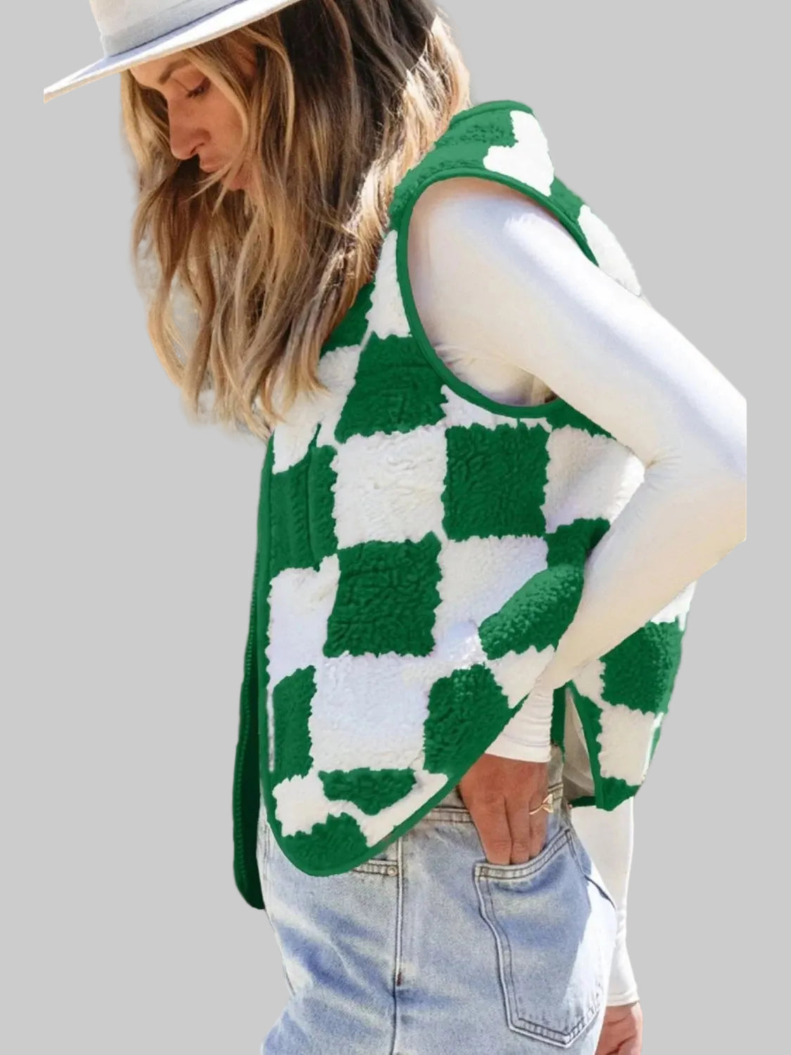 Checkerboard Fleece Sherpa Vest Coat nicholesgifts