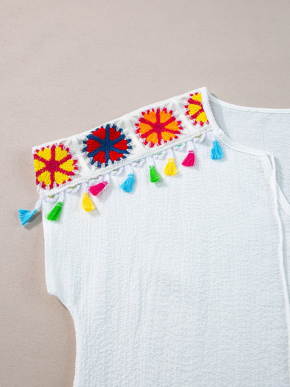 Women Tassel Tie Neck Short Sleeve White Blouse