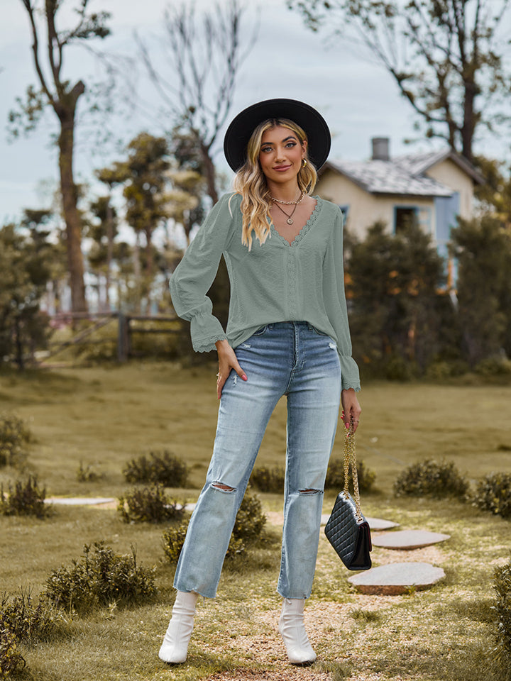 V-Neck Flounce Sleeve Blouse nicholesgifts