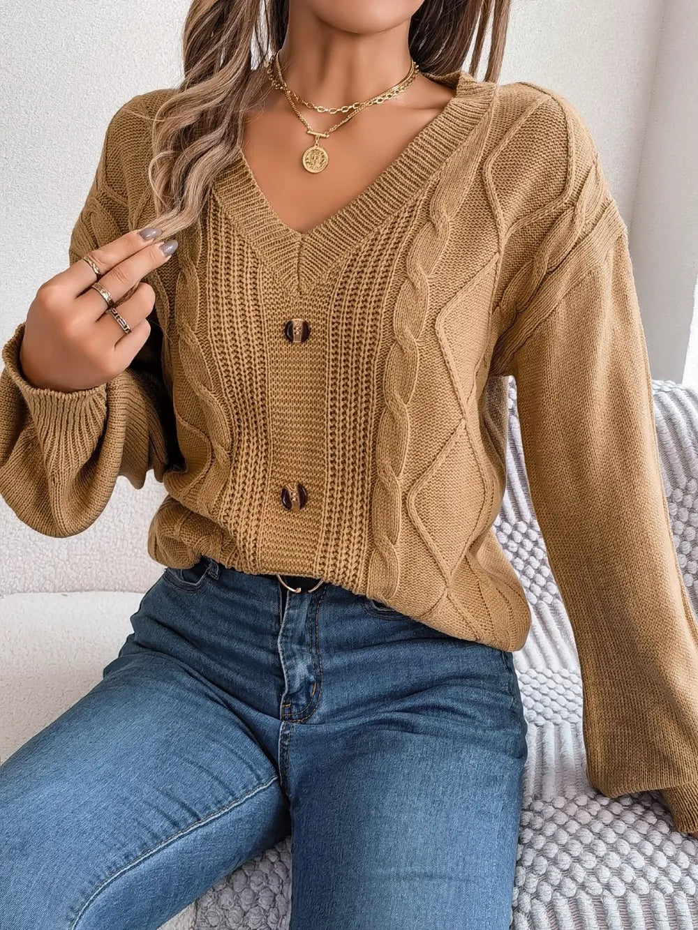 Cable-Knit Buttoned V-Neck Sweater Trendsi
