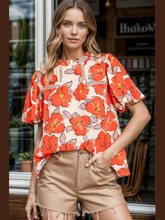 Printed Round Neck Short Sleeve Blouse NicholesGifts