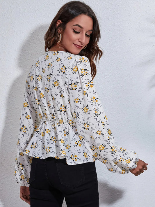 Floral V-Neck Balloon Sleeve Peplum Blouse nicholesgifts