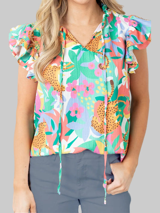 Ruffled Printed Tie Neck Cap Sleeve Blouse nicholesgifts