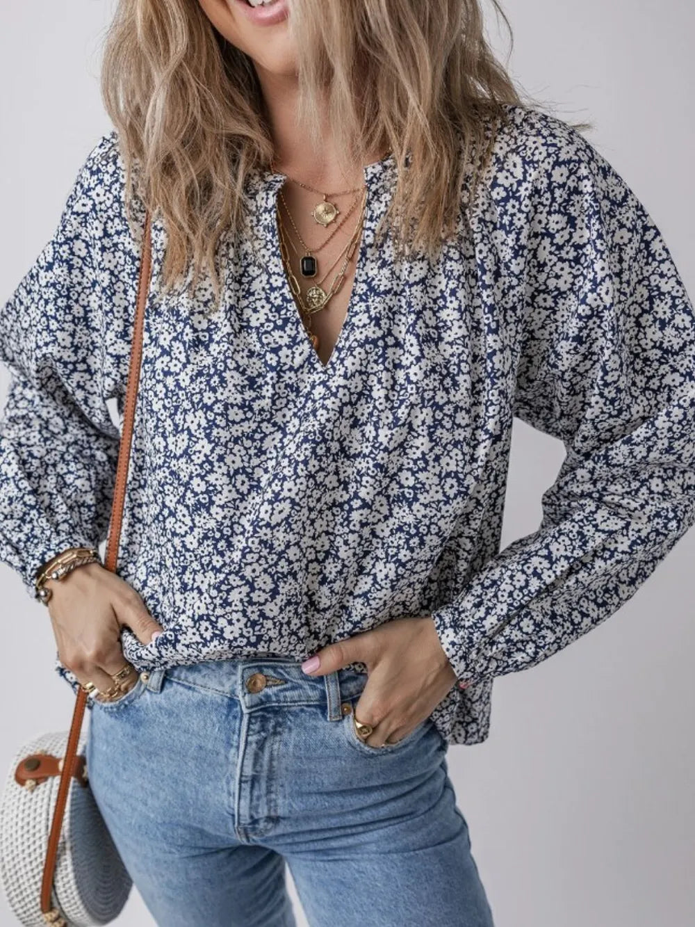 Floral Print Notched Long Sleeve Blouse NicholesGifts