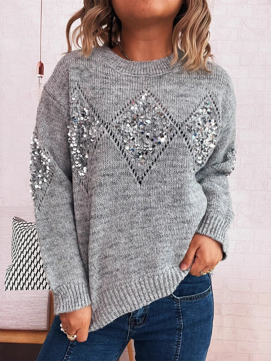 Sequined Diamond Pattern Oversized Sweater Trendsi