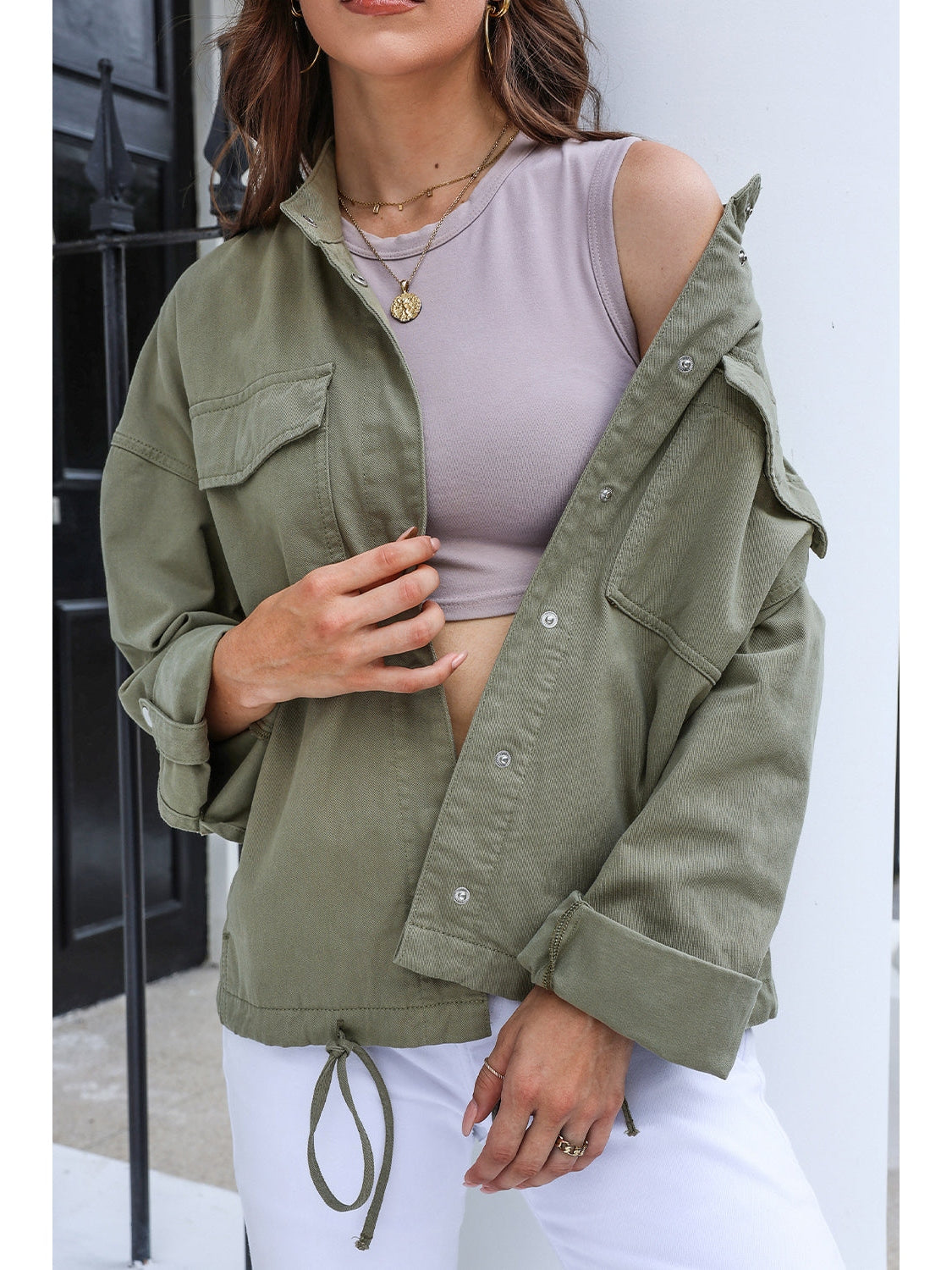 Drawstring Snap Down Dropped Shoulder Denim Jacket NicholesGifts