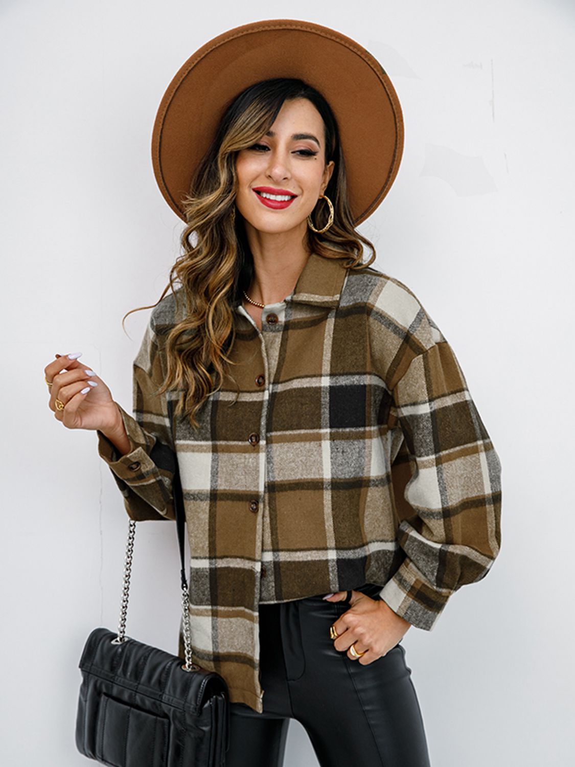 Shiny Plaid Button Up Collared Neck Jacket NicholesGifts