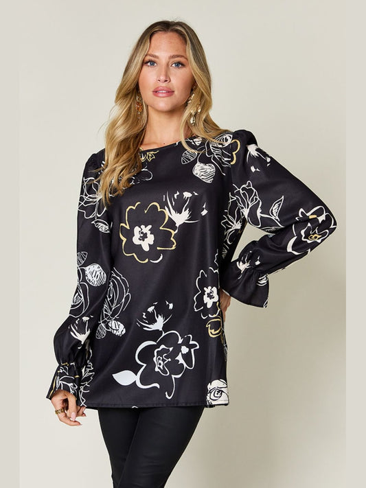 Women Double Take Full Size Printed Flounce Sleeve Blouse NicholesGifts