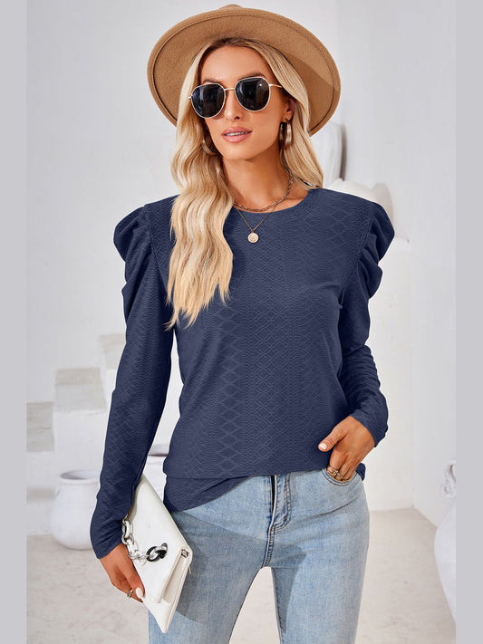 Women Round Neck Puff Sleeve Blouse