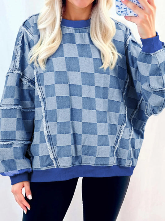 Checkerboard Splicing Raw Detail Oversized Denim Top Trendsi