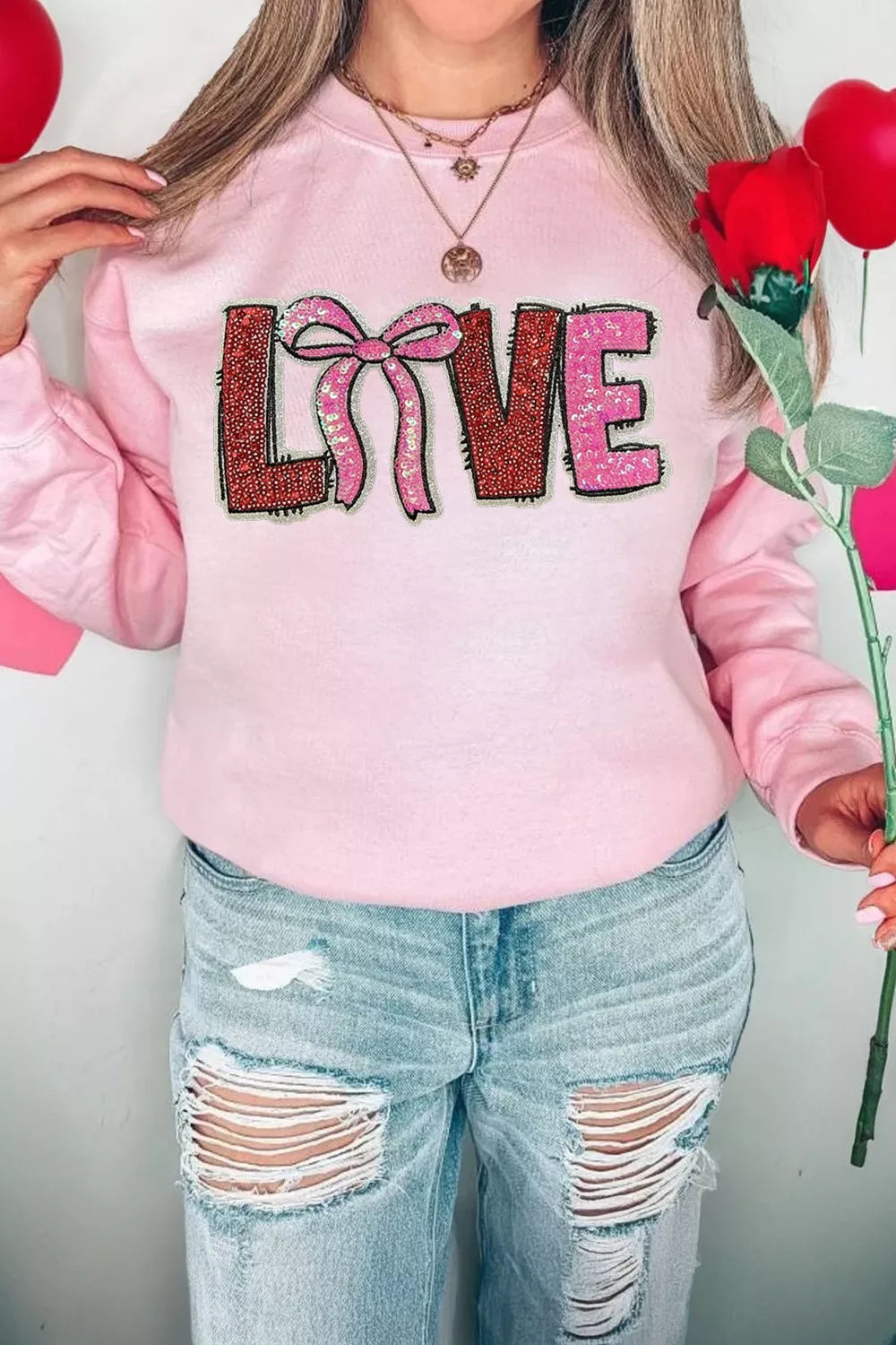 Bow Love Sequin Pattern Valentine Sweatshirt nicholesgifts