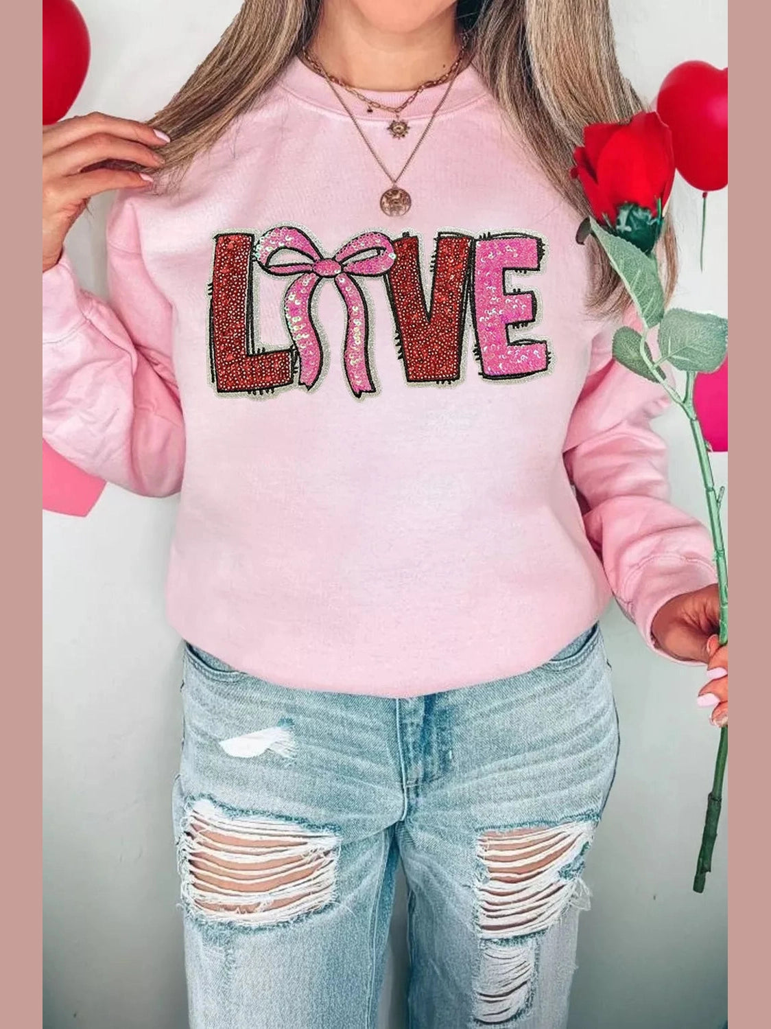 Bow Love Sequin Pattern Valentine Sweatshirt nicholesgifts