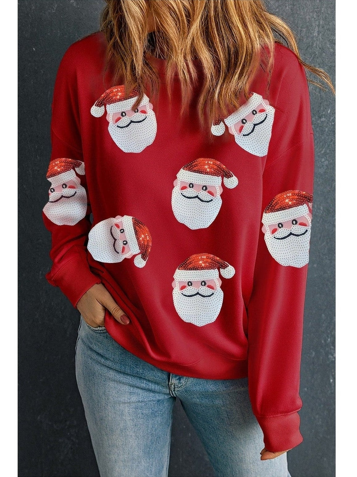 Sequin Santa Patch Round Neck Sweatshirt nicholesgifts