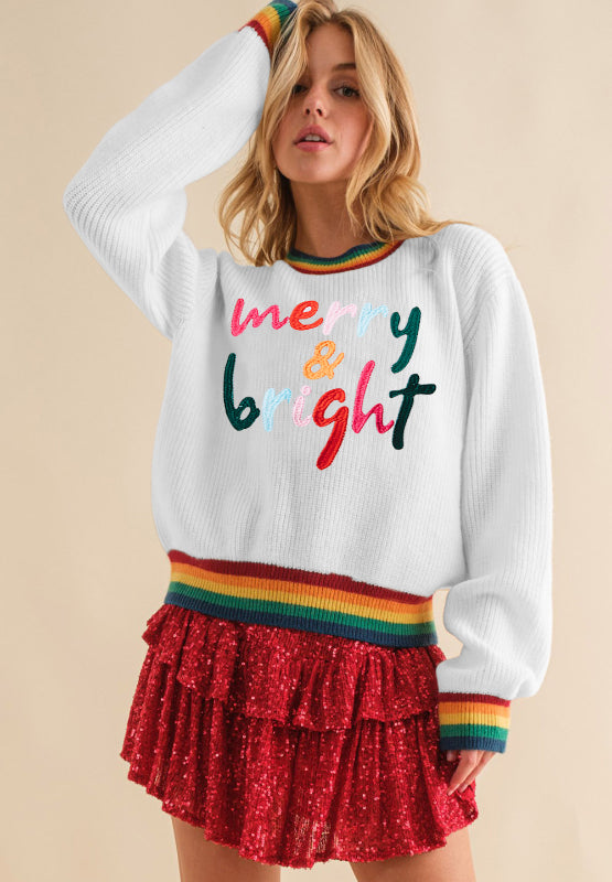 NicholesGifts Women Merry & Bright Ribbed Round Neck Christmas Sweater NicholesGifts