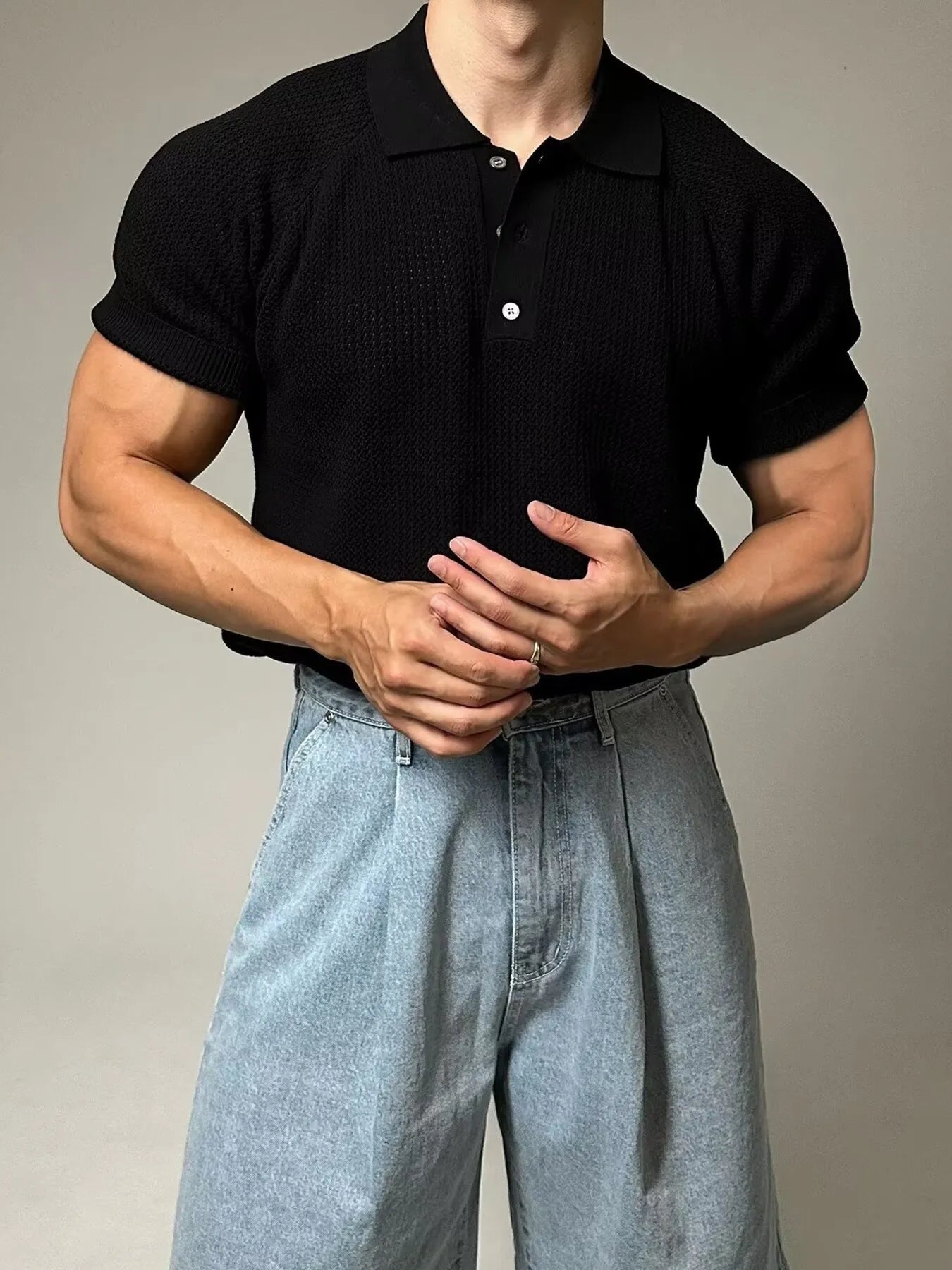 Men's Full Size Textured Knit Short Sleeve Polo Plus Size