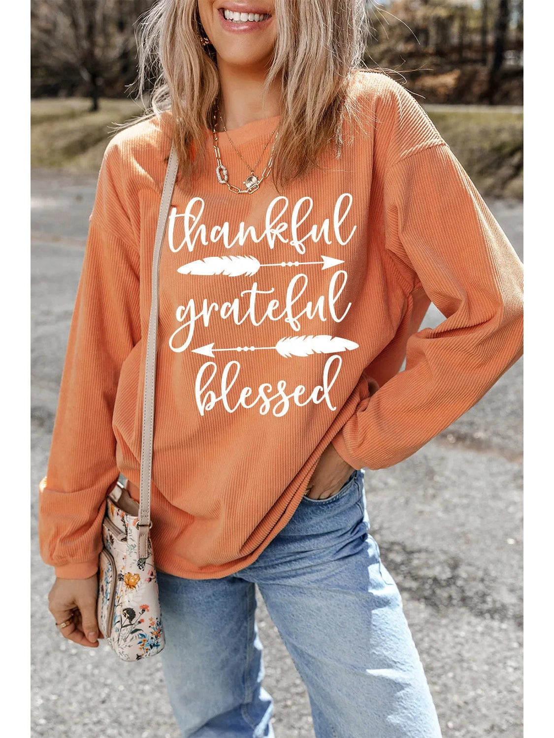 Women Letter Graphic Thankful Grateful Blessed Round Neck Long Sleeve Sweatshirt NicholesGifts