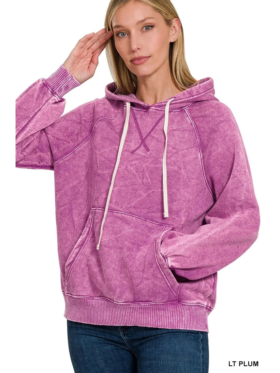 Zenana Acid Wash Fleece Hoodie with Kangaroo Pocket