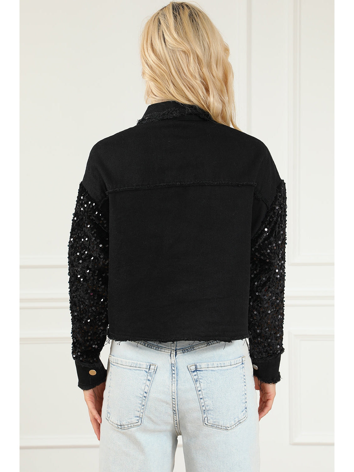 Sequin Button Up Raw Hem Denim Jacket NicholesGifts