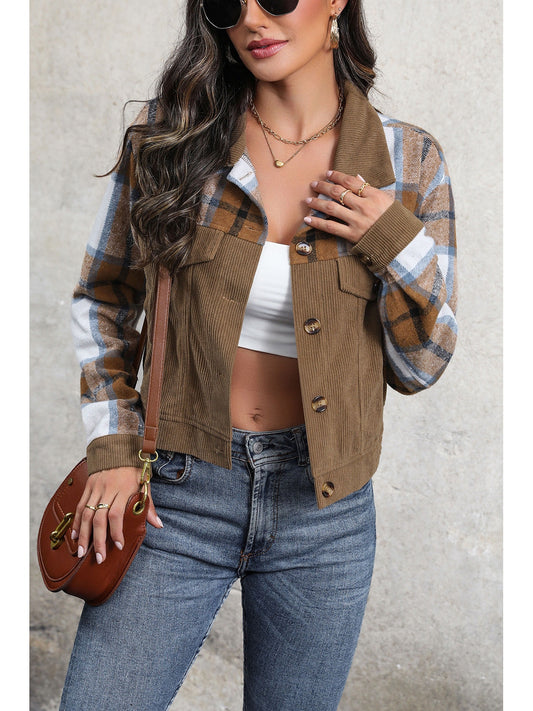 Perfee Plaid Button Up Collared Neck Jacket