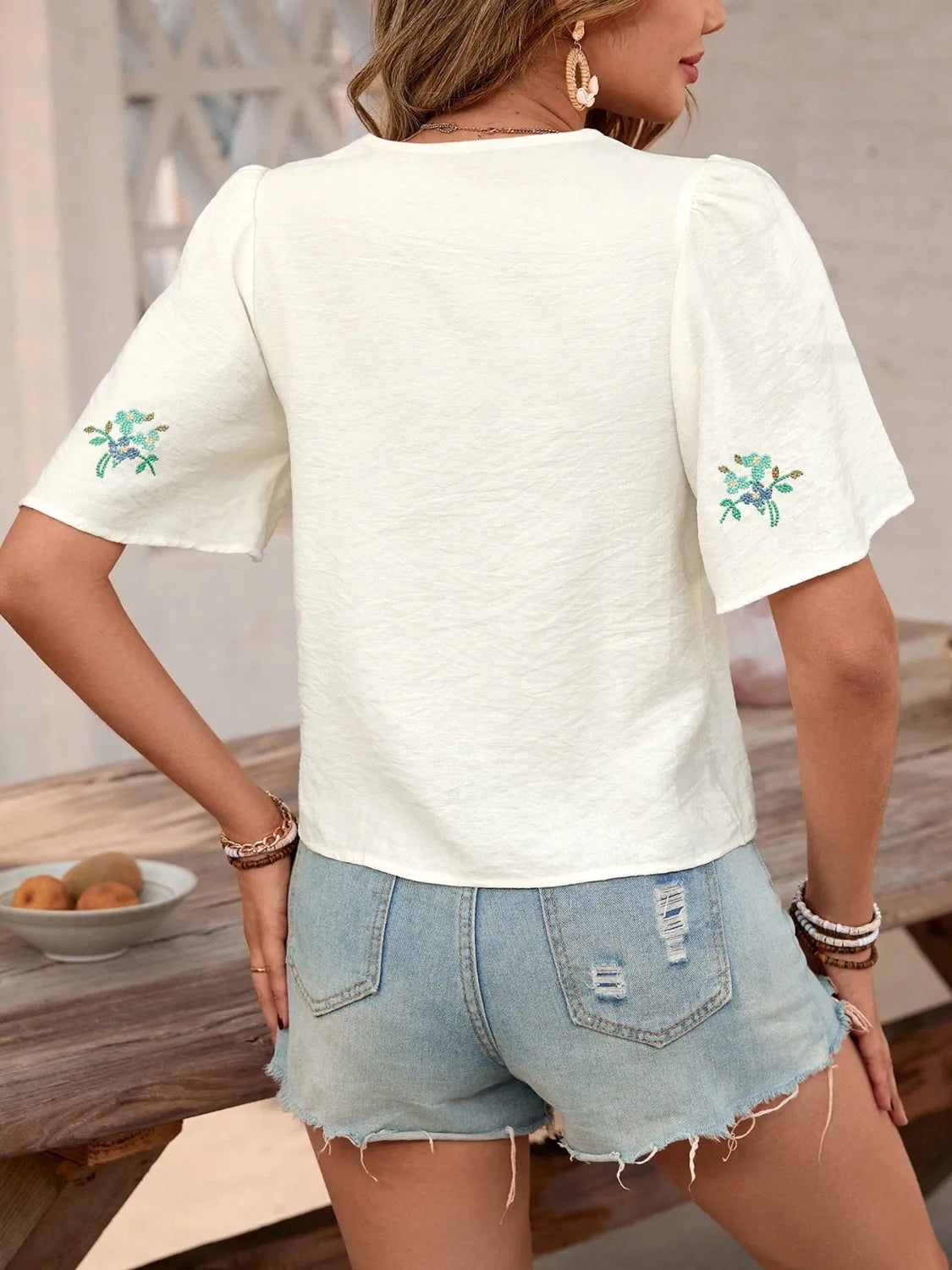 Embroidered V-Neck Short Sleeve Shirt