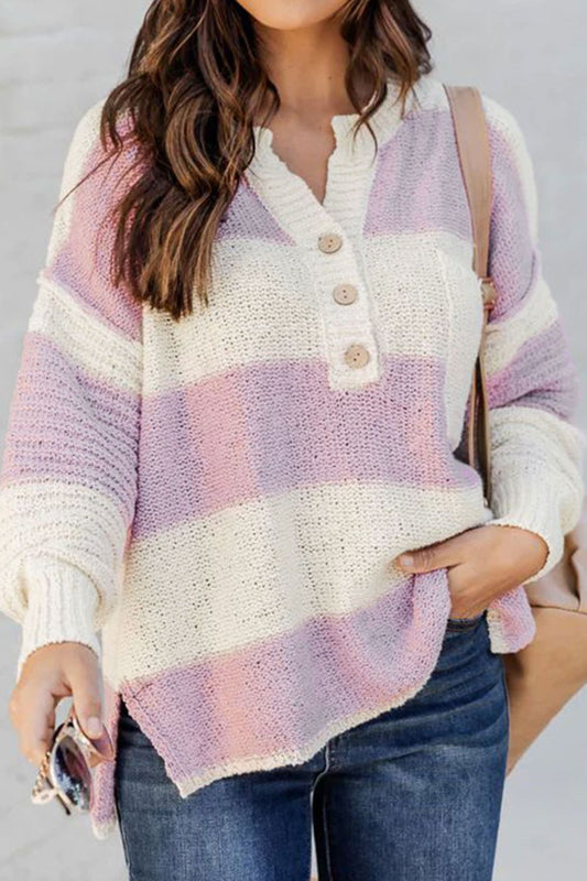 Women Striped Half Button Ribbed Pink Purple Sweater
